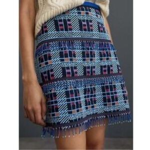 Anthropologie Maeve womans Blue Patterned Beaded Fringe Mini Skirt size XS